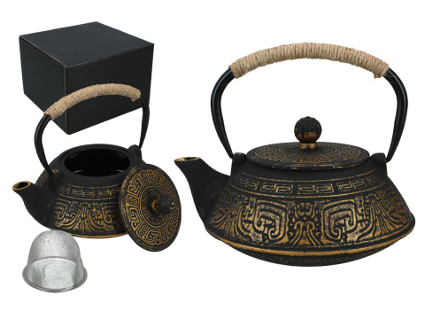 Czarny dzbanek żeliwny do herbaty zaparzacz 0,8l ornament