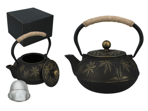 Czarny złoty dzbanek żeliwny do herbaty z zaparzaczem 0,9l