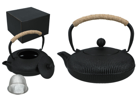 Czarny dzbanek żeliwny do parzenia herbaty z sitkiem 0,8l