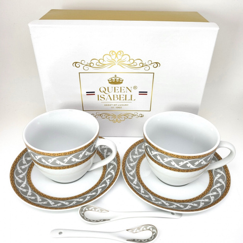 Komplet 2 filiżanki Queen Isabell łyżeczki złoto prezent