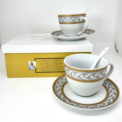 Komplet 2 filiżanki Queen Isabell łyżeczki złoto prezent