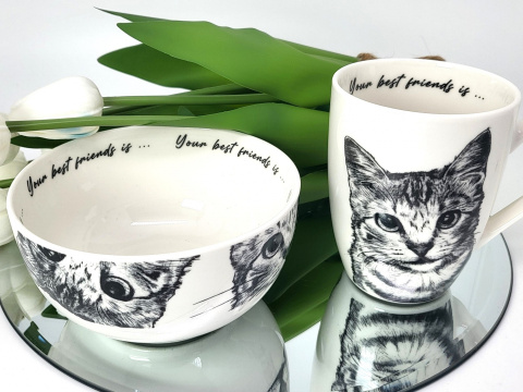 Zestaw kubek miseczka Queen Isabell kot amerykański prezent