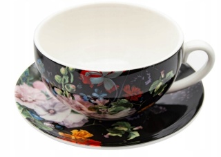 Komplet filiżanki z imbrykiem tea for one kwiaty czarne tło