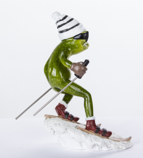 Ozdobna figurka na biurko żaba narciarz na szczęście