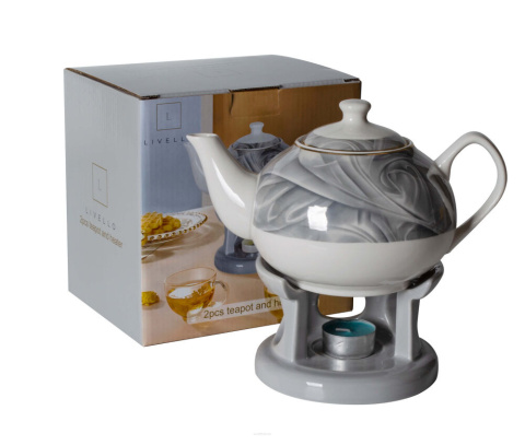 Dzbanek z podgrzewaczem biały szary marmurek Livello