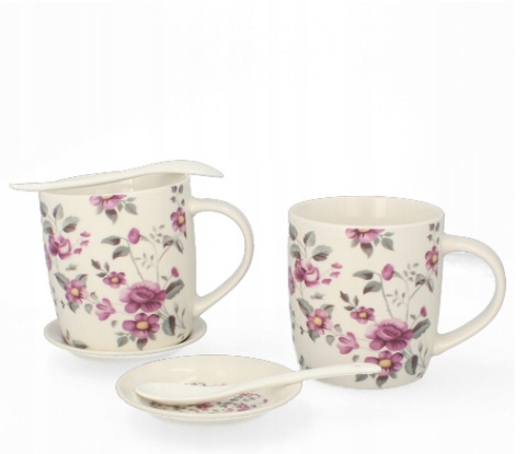 Komplet dwa kubki łyżeczki Livello kwiaty fiolet na prezent