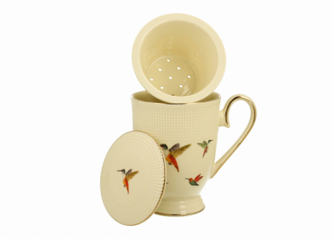Komplet kubek zaparzacz pokrywka porcelana kolibry krem