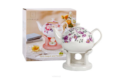 Zestaw dzbanek imbryk na podgrzewaczu biały kwiaty Livello