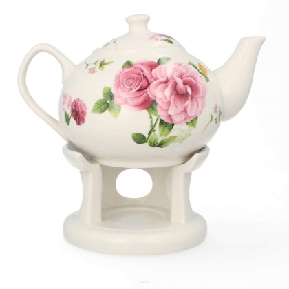 Zestaw dzbanek imbryk z podgrzewaczem biały w róże Livello