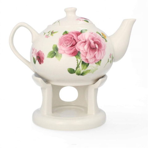 Zestaw dzbanek imbryk z podgrzewaczem biały w róże Livello