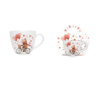 Kubek do kawy prezent walentynki w koszyczku miś na rowerze
