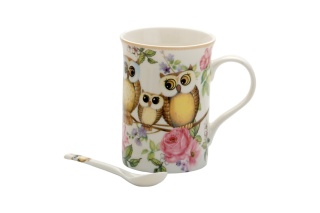 Kubek z łyżeczką komplet do herbaty kawy porcelana sowy