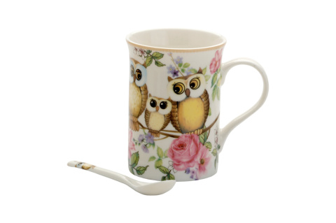 Kubek z łyżeczką komplet do herbaty kawy porcelana sowy