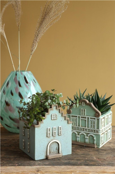 Osłonka ceramiczna domek na kwiaty niebiesko-szary ozdoba