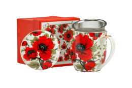 Kubek z sitkiem i przykrywką zestaw biały maki na prezent