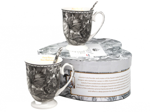 2 kubki zestaw porcelana na prezent Queen Isabell róże szare