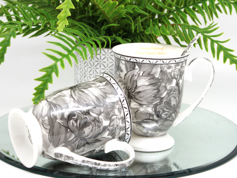 2 kubki zestaw porcelana na prezent Queen Isabell róże szare
