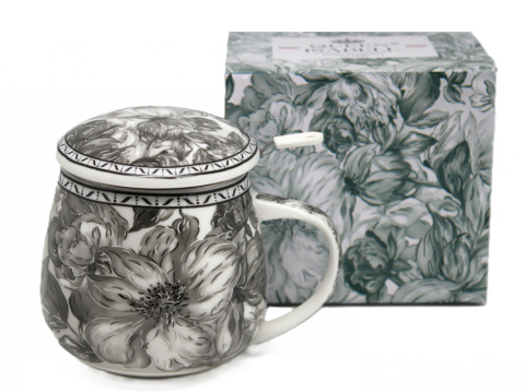 Kubek z sitkiem beczułka Queen Isabell szary róże prezent