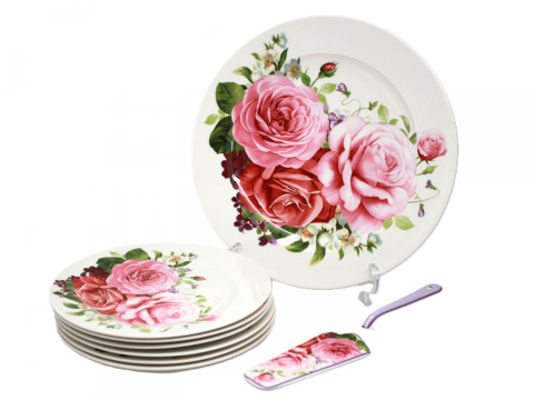 Talerze do ciasta z łopatką Queen Isabell róże na prezent