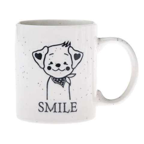 Kubek biały czarny pies tłoczony porcelana na urodziny