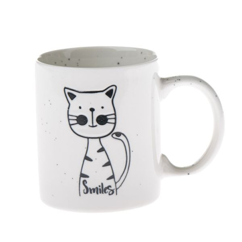 Kubek do herbaty kawy biały czarny kot tłoczony porcelana