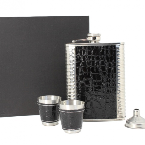 Piersiówka z kieliszkami pudełko stalowa zestaw prezentowy