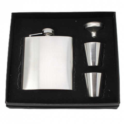 Zestaw piersiówka z kieliszkami pudełko stalowa na prezent