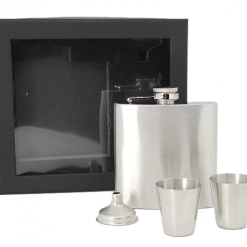 Zestaw piersiówka z kieliszkami pudełko stalowa na prezent