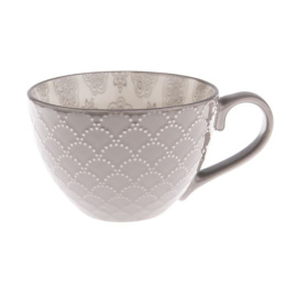 Szary ceramiczny kubek tłoczony wzór kwiaty na urodziny