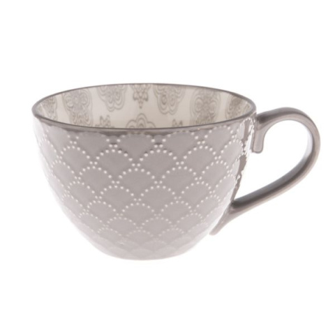 Szary ceramiczny kubek tłoczony wzór kwiaty na urodziny