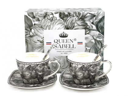 Filiżanki dla dwojga w pudełku Queen Isabell łyżeczki róże