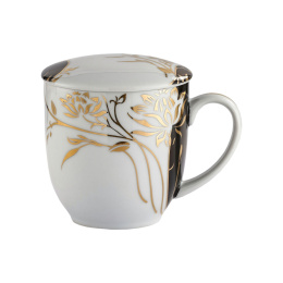 Kubek z sitkiem zaparzaczem porcelana do herbaty złoto