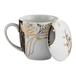 Kubek z sitkiem zaparzaczem porcelana do herbaty złoto