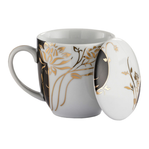 Kubek z sitkiem zaparzaczem porcelana do herbaty złoto