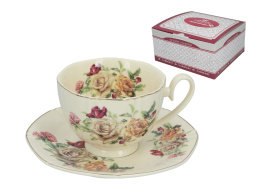 Filiżanka ze spodkiem róże Carmani na prezent na herbatę