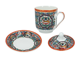 Kubek pokrywka i talerzyk porcelana orientalny wzór