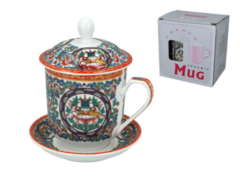 Kubek pokrywka i talerzyk porcelana orientalny wzór