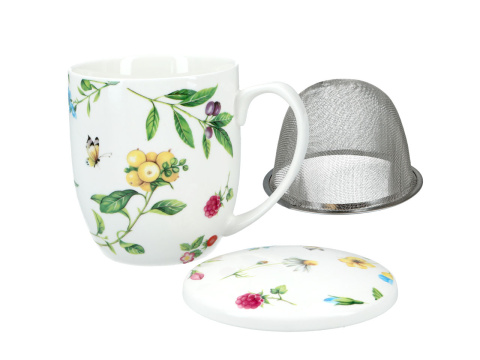 Kubek z pokrywka i sitkiem porcelana owoce na herbatę