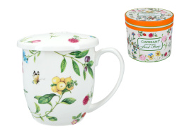 Kubek z pokrywka i sitkiem porcelana owoce na herbatę
