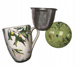Kubek z sitkiem zaparzaczem porcelana do herbaty oliwki