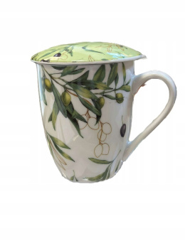 Kubek z sitkiem zaparzaczem porcelana do herbaty oliwki