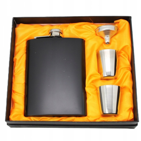 Piersiówka stalowa z kieliszkami pudełko zestaw prezentowy