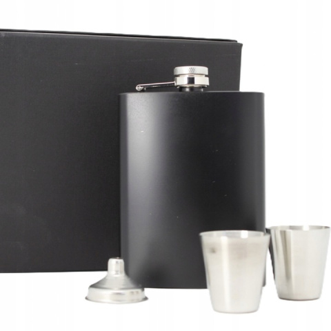 Piersiówka stalowa z kieliszkami pudełko zestaw prezentowy