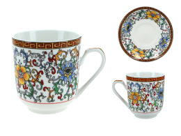 Kubek porcelanowy z pokrywką i talerzykiem orientalny wzór