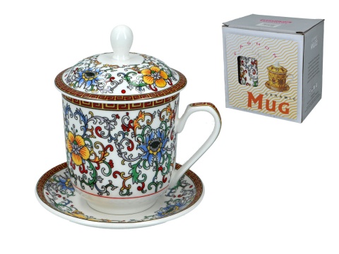 Kubek porcelanowy z pokrywką i talerzykiem orientalny wzór