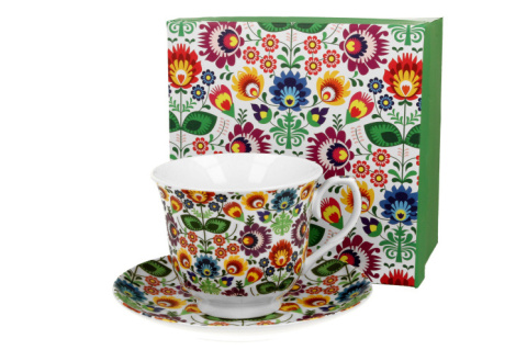 Filiżanka ze spodkiem łowicz na dzień kobiet kwiaty do kawy