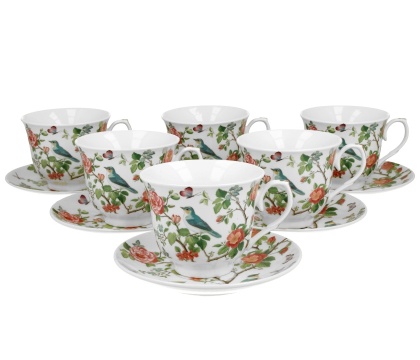 Filiżanki do kawy ze spodkami 6 szt prezent ptaki na gałęzi