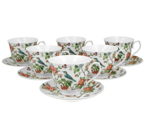 Filiżanki do kawy ze spodkami 6 szt prezent ptaki na gałęzi