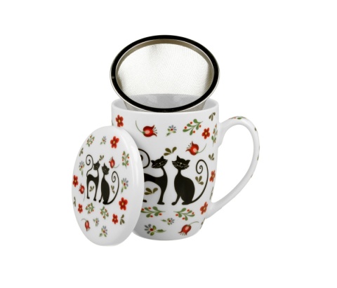 Kubek z zaparzaczem pokrywka do ziół Koty Etno porcelana