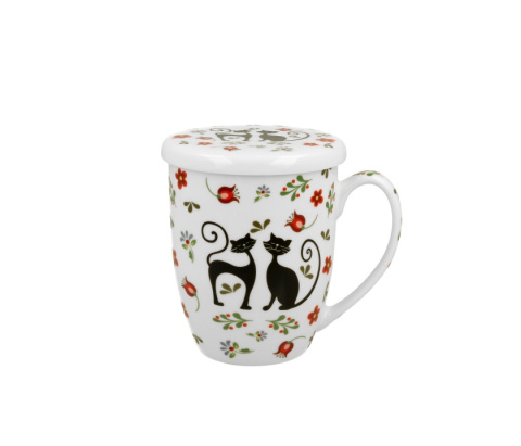 Kubek z zaparzaczem pokrywka do ziół Koty Etno porcelana